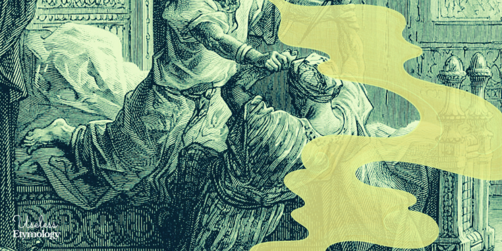 An image of two people grappling while one is being stabbed. Yellow smoke emerges from the killer's mouth out of the frame.