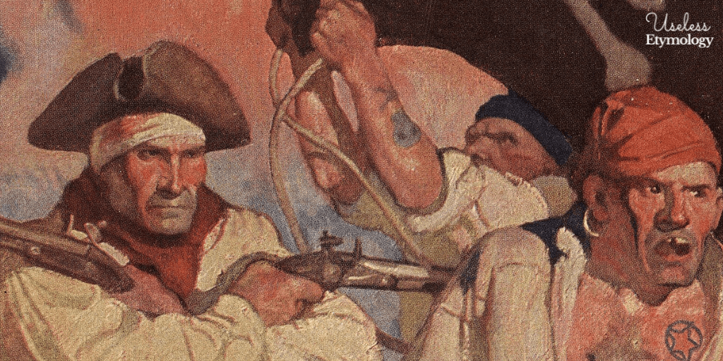 An image of pirates drawn from Robert Louis Stevenson's Treasure Island. Three pirates scowl. The image accompanies a blog post on the origins of pirate terms.